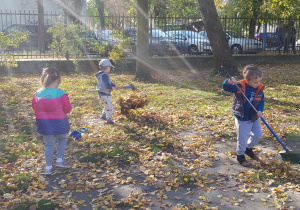 Dzieci grabiące liście i zbierające na taczkę