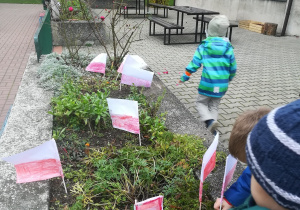 Dzieci umieszczające wykonane flagi Polski w ogrodzie